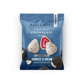 Patiswiss Kakao Kremalı Bisküvi Kırıntılı Beyaz Çilek Draje 50 G