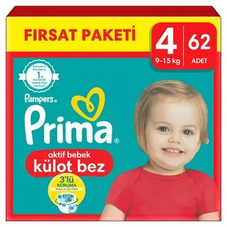 Prima Bebek Bezi Külot Bez 4 Numara 62 Adet Fırsat Paketi